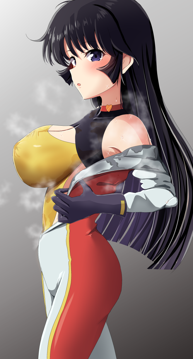 1girl bare_shoulders biker_clothes bikesuit black_hair blush bodysuit breasts check_commentary choker commentary commentary_request cutie_honey cutie_honey_(character) cutie_honey_flash gradient_background gradient_hair grey_background highres hot hurricane_honey large_breasts long_hair looking_at_viewer looking_to_the_side momoisaki42 multicolored_hair parted_lips profile purple_eyes sidelocks simple_background skin_tight sparkling_sweat steam steaming_body sweat sweat_stain sweaty_clothes underwear undressing walking