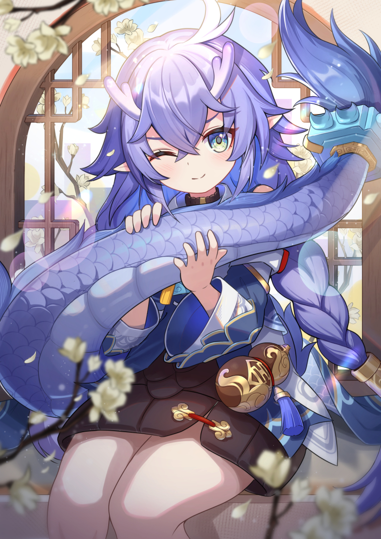 1girl bailu_(honkai:_star_rail) blue_eyes blue_hair blurry blush braid branch closed_mouth cowboy_shot crossed_bangs depth_of_field dragon_girl dragon_horns dragon_tail flower fur-tipped_tail gourd hair_between_eyes holding holding_own_tail honkai:_star_rail honkai_(series) horns long_hair long_sleeves looking_at_viewer one_eye_closed pointy_ears saylamars sitting smile solo tail twin_braids very_long_hair white_flower wide_sleeves window