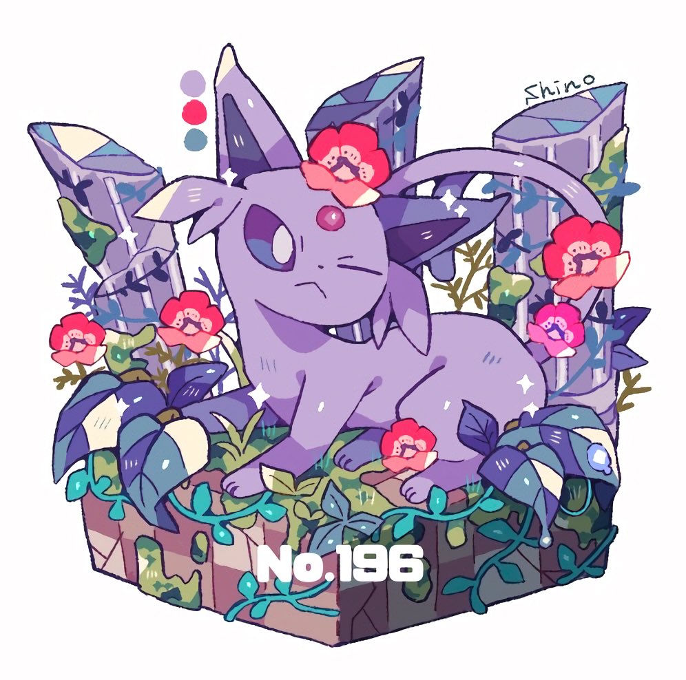 ;&lt; artist_name bright_pupils color_guide commentary_request espeon faux_figurine flower forehead_jewel grass leaf moss no_humans one_eye_closed pillar plant pokedex_number pokemon pokemon_(creature) purple_eyes red_flower shino_(shinoru_p) simple_background solo sparkle vines white_background white_pupils