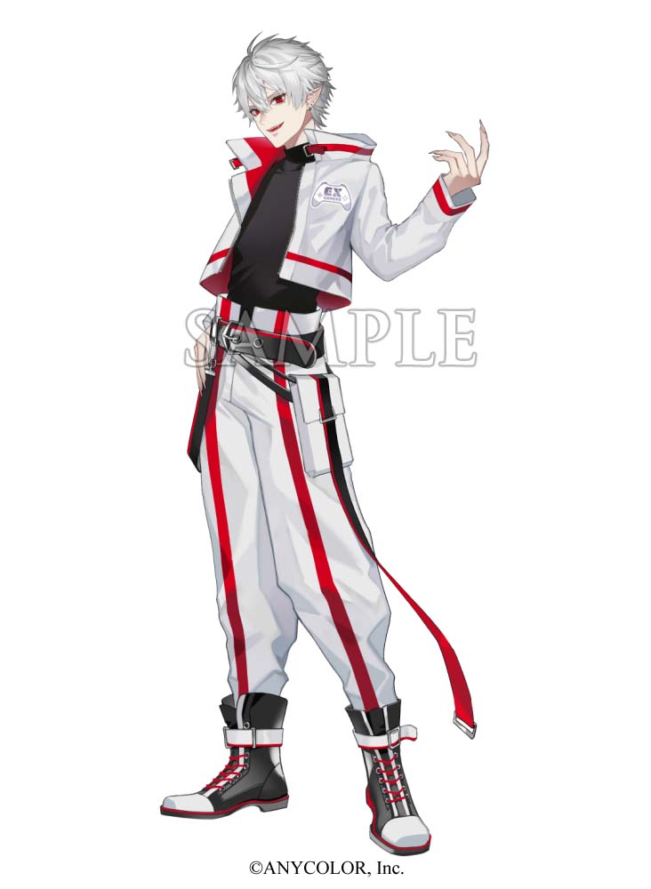 1boy black_footwear black_shirt full_body grey_hair jacket koshika_rina kuzuha_(nijisanji) male_focus nijisanji official_art open_clothes open_jacket pants pointy_ears red_eyes sample_watermark shirt simple_background solo standing virtual_youtuber watermark white_background white_jacket white_pants