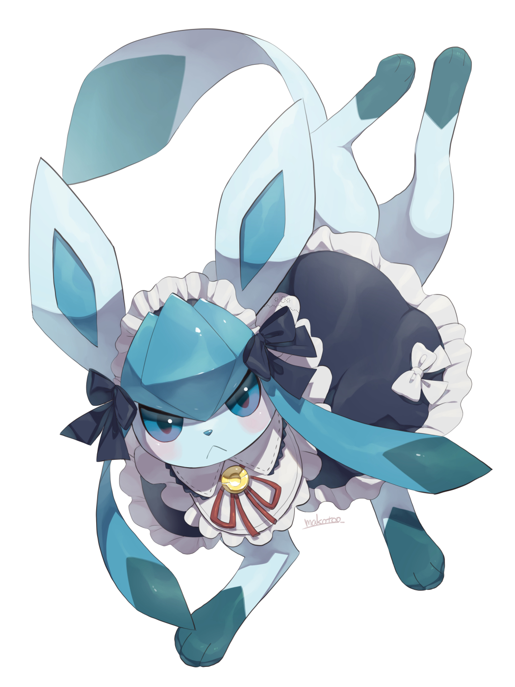 3_toes ambiguous_gender bell bell_collar blue_body blue_ears blue_eyes blue_nose blue_paws blue_tail blush bow_(feature) bow_accessory bow_ribbon clothed clothed_feral clothing collar colored digital_media_(artwork) digital_painting_(artwork) dress eeveelution feet feral frown frowning_at_viewer generation_4_pokemon glaceon hi_res holowear_(pokemon) looking_at_viewer makotoo multicolored_ears nintendo pokemon pokemon_(species) pokemon_unite quadruped ribbons shadow signature simple_background solo tail tea_party_style_glaceon toes two_tone_ears white_background