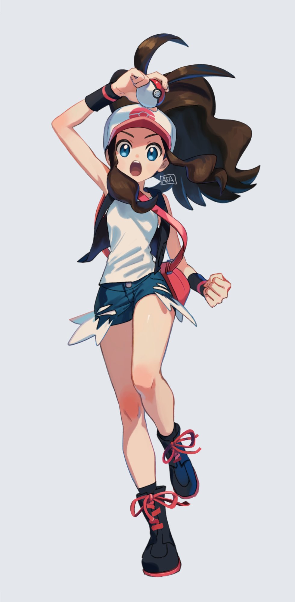 1girl :o arm_up bag baseball_cap black_footwear black_vest black_wristband blue_eyes boots brown_hair clenched_hand commentary_request denim denim_shorts exposed_pocket full_body grey_asa grey_background hat high_ponytail highres hilda_(pokemon) holding holding_poke_ball knees long_hair open_mouth pink_bag poke_ball poke_ball_(basic) pokemon pokemon_(game) pokemon_bw shirt short_shorts shorts shoulder_bag sidelocks sleeveless sleeveless_shirt solo vest white_shirt wristband