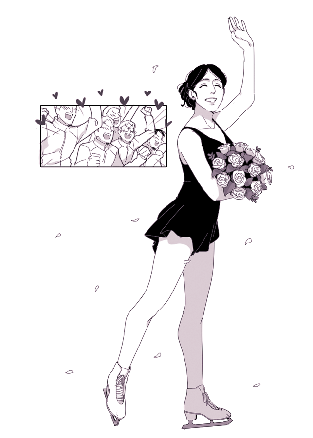 1girl 5boys arm_up bouquet closed_eyes commentary dress english_commentary figure_skating_dress flower greyscale hanpetos heart holding holding_bouquet ice_skates monochrome multiple_boys petals pieck_finger rose shingeki_no_kyojin short_dress skates