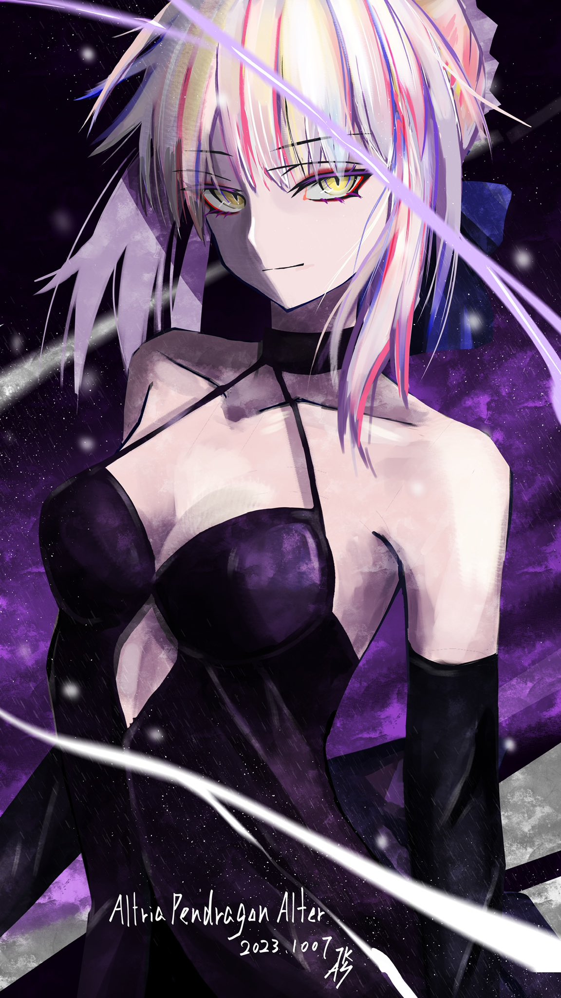 1girl artoria_pendragon_(fate) bare_shoulders black_dress black_gloves black_ribbon blonde_hair bow braid breasts character_name choker cleavage closed_mouth collarbone commentary_request dated dress elbow_gloves fate/grand_order fate_(series) french_braid gloves hair_between_eyes hair_bun hair_ribbon highres looking_at_viewer medium_breasts medium_hair official_alternate_costume ribbon saber_alter shadow sidelocks smile smirk solo strapless strapless_dress tsukaasa upper_body yellow_eyes