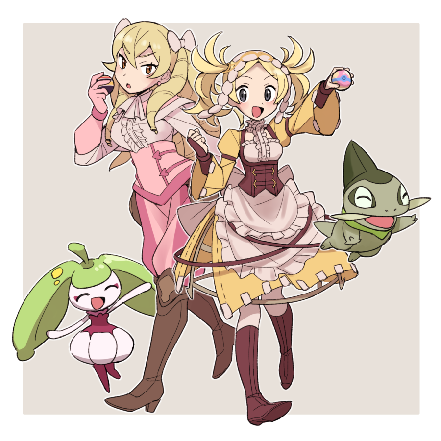 2girls axew blonde_hair boots breasts closed_mouth do_m_kaeru dress drill_hair fire_emblem fire_emblem_awakening high_heel_boots high_heels holding holding_poke_ball lissa_(fire_emblem) looking_at_viewer maribelle_(fire_emblem) multiple_girls open_mouth parted_lips poke_ball pokemon small_breasts smile steenee twintails yellow_dress