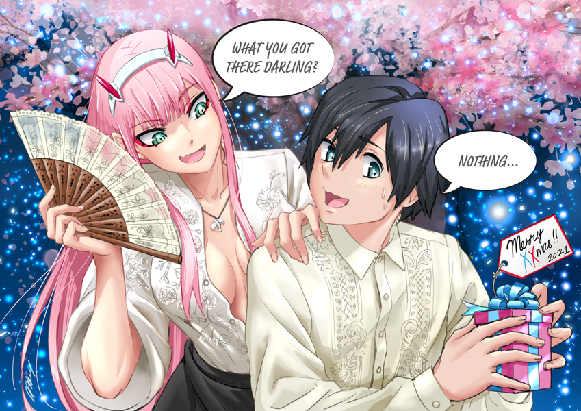 1boy 1girl albyee alternate_costume aqua_eyes black_hair black_skirt blunt_bangs breasts breasts_apart cherry_blossoms cleavage collarbone couple darling_in_the_franxx dated denial english_commentary english_text eyelashes fang folding_fan gift hairband hand_fan hand_on_another's_shoulder hand_up hands_up hiro_(darling_in_the_franxx) holding holding_gift horns jewelry large_breasts long_hair long_sleeves looking_at_another looking_to_the_side merry_christmas necklace oni_horns open_mouth outdoors partially_unbuttoned pink_hair red_eyeliner red_horns shirt short_hair sidelocks skin_fang skirt speech_bubble upper_body white_shirt wide_sleeves zero_two_(darling_in_the_franxx)