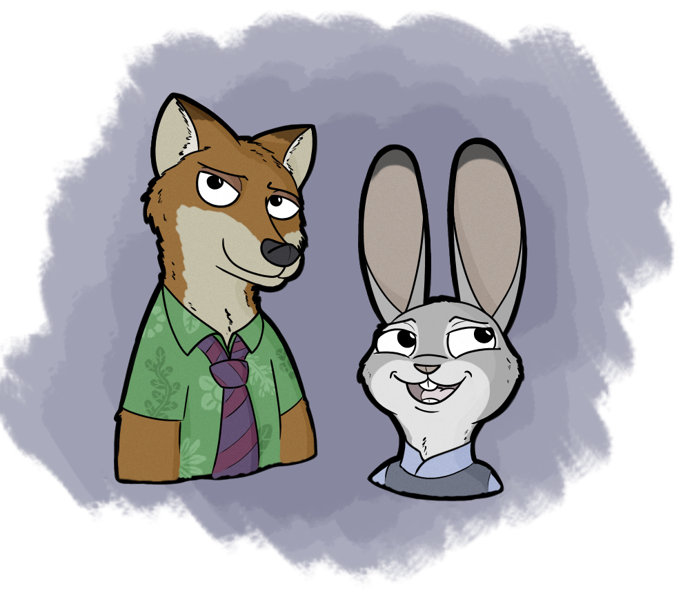 anothercolouranon anthro canid canine clothing disney duo ears_up female fox fur green_clothing grey_background grey_body grey_fur judy_hopps lagomorph leporid male mammal necktie nick_wilde rabbit red_body red_fur simple_background zootopia