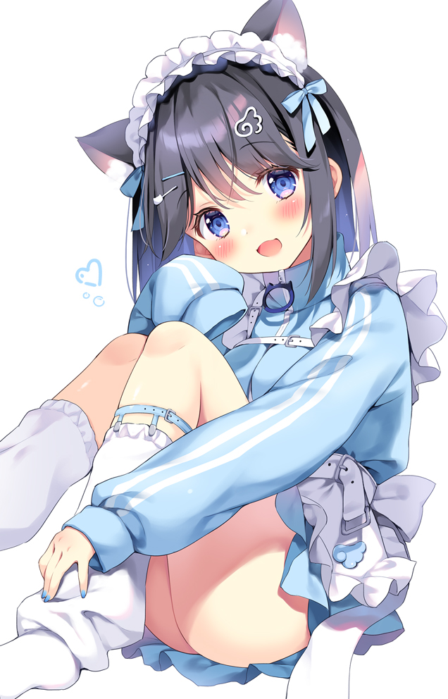 1girl :d animal_ear_fluff animal_ears apron black_hair blue_bow blue_eyes blue_nails blush bow cat_ears dress feet_out_of_frame frilled_apron frills hair_ornament hairclip hugging_own_legs knees_up long_sleeves looking_at_viewer maid_headdress nail_polish open_mouth original pan_(mimi) puffy_sleeves simple_background sitting sleeves_past_wrists smile socks solo white_apron white_background white_socks