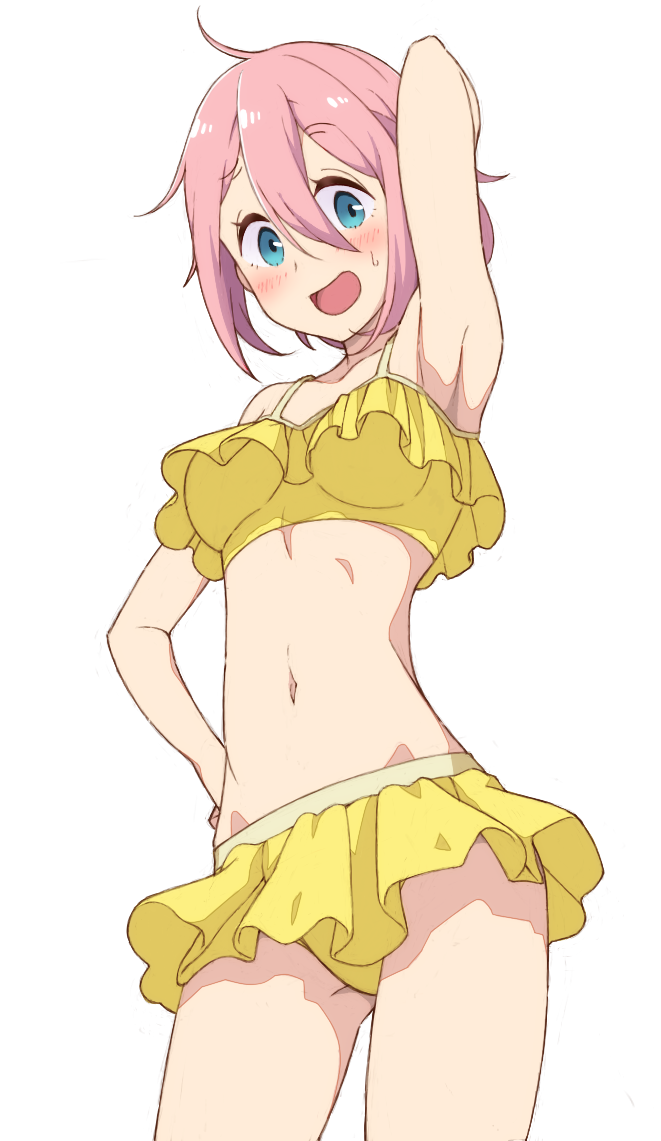 1girl arm_behind_head arm_up armpits bikini blue_eyes breasts commentary commentary_request commission cowboy_shot frilled_bikini frills hand_on_own_hip kagamihara_nadeshiko kayabakoro looking_at_viewer medium_breasts navel open_mouth partial_commentary pink_hair pixiv_commission short_hair simple_background smile solo standing sweatdrop swimsuit white_background yellow_bikini yurucamp yurucamp_movie