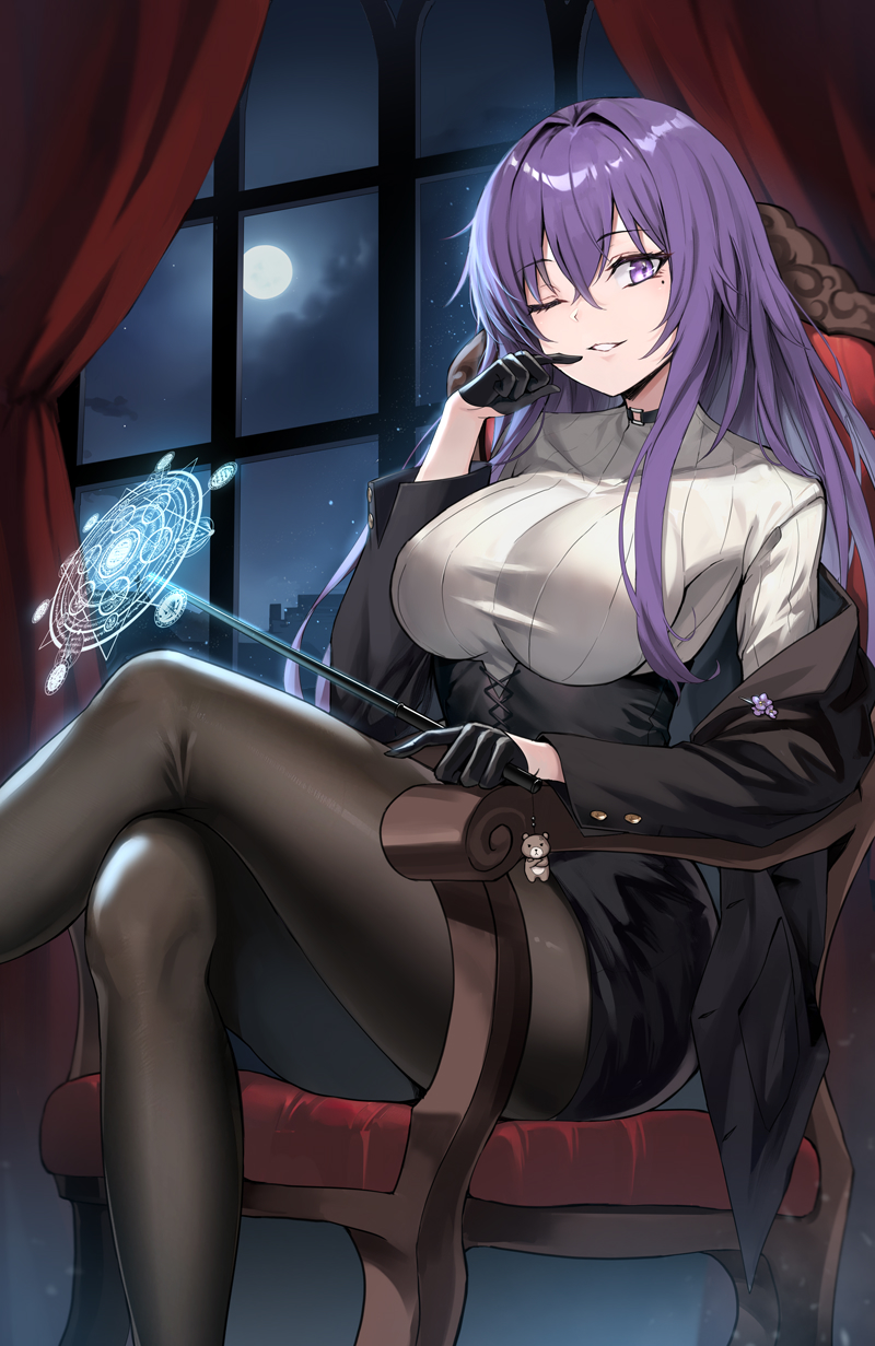 1girl black_choker black_gloves black_jacket black_pantyhose black_skirt breasts chair choker commentary_request crossed_legs curtains feet_out_of_frame gloves grin hair_intakes highres holding holding_wand indoors jacket koissa large_breasts long_hair long_sleeves looking_at_viewer magic_circle moon night night_sky off_shoulder one_eye_closed original pantyhose pencil_skirt purple_eyes purple_hair ribbed_sweater skirt sky smile solo sweater thighs wand window