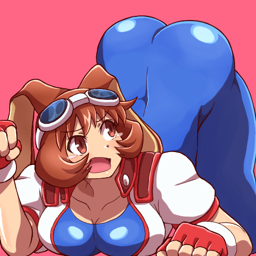 1girl animal_ears ass bent_over blue_unitard blush bob_cut breasts brown_eyes brown_hair cleavage commentary_request fingerless_gloves gloves goggles goggles_on_head hand_up jacket lowres makihara_arina nobuyu_(77yusei) open_mouth rabbit_ears short_hair simple_background solo tears waku_waku_7 white_jacket