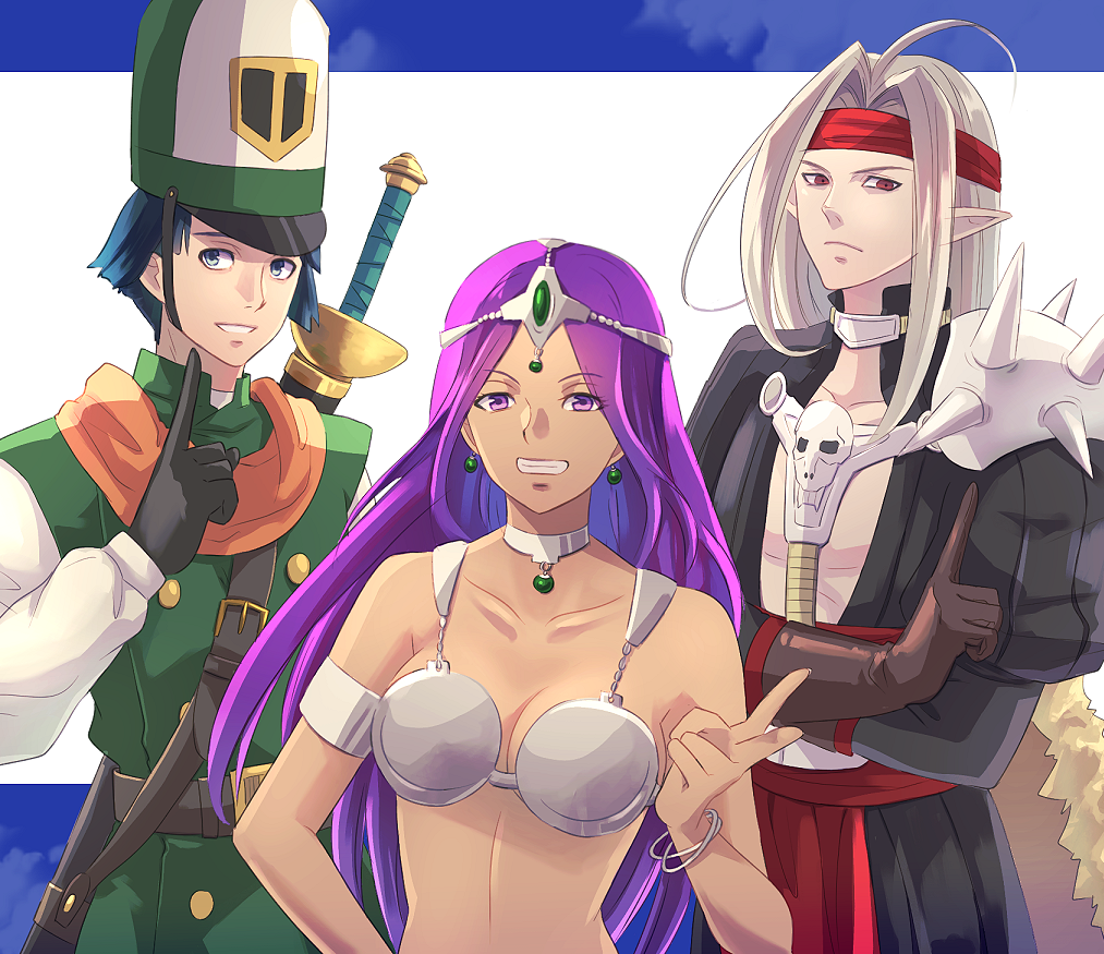 1girl 2boys ahoge armpit_crease bell belt black_gloves black_jacket blue_hair breasts cleavage clift coat commentary_request curtained_hair dancer's_costume_(dq) dragon_quest dragon_quest_iv gloves grey_choker hat headband helmet jacket long_hair looking_at_viewer manya_(dq4) medium_breasts military_uniform mitre multiple_boys neck_bell orange_scarf parted_bangs pectoral_cleavage pectorals pisaro purple_eyes purple_hair red_headband red_sash riou_(pooh920) sash scarf sheath sheathed short_hair shoulder_spikes sleeveless sleeveless_coat smile spikes teeth tiara undershirt uniform weapon weapon_on_back white_hair white_undershirt