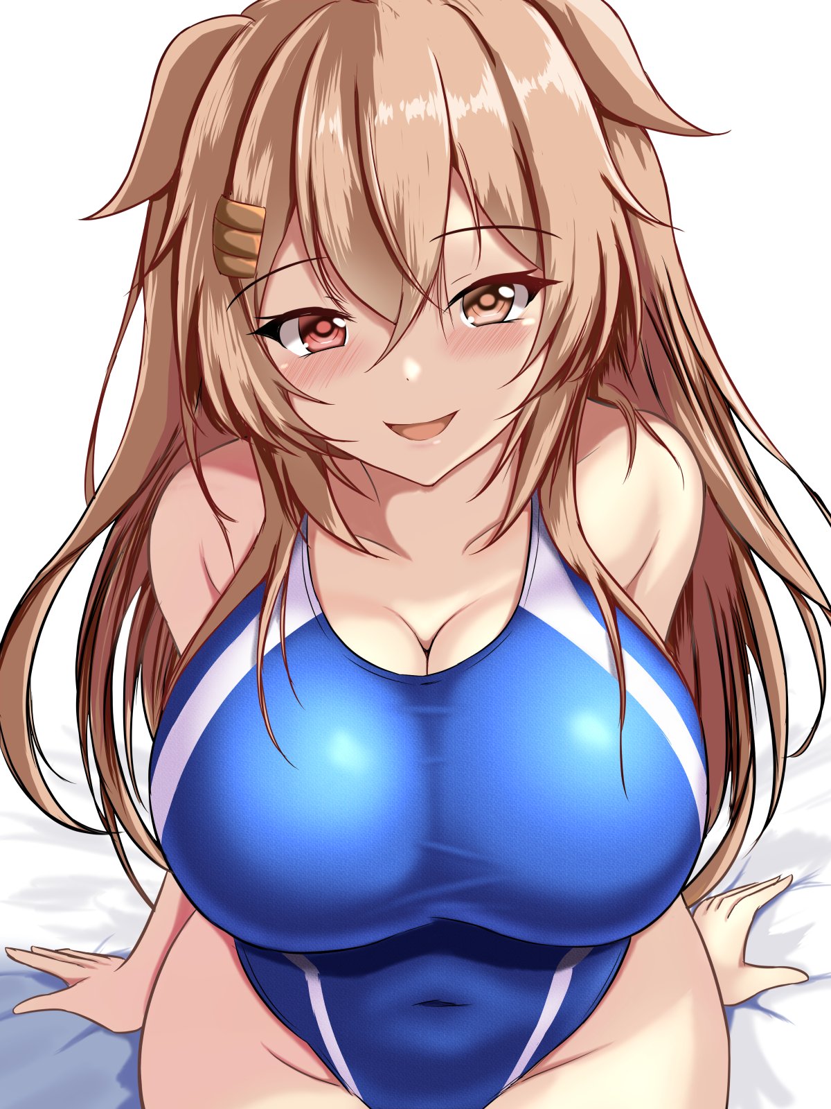 1girl blanket blue_one-piece_swimsuit blush breasts brown_eyes competition_swimsuit covered_navel cowboy_shot dated hair_between_eyes hair_flaps hair_ornament hair_ribbon hairclip heterochromia highleg highleg_swimsuit highres impossible_clothes impossible_swimsuit indoors kantai_collection large_breasts light_brown_hair long_hair looking_at_viewer montemasa multicolored_clothes multicolored_swimsuit murasame_(kancolle) murasame_kai_ni_(kancolle) on_bed one-hour_drawing_challenge one-piece_swimsuit open_mouth red_eyes ribbon sitting smile solo swimsuit twitter_username two-tone_swimsuit two_side_up white_background white_one-piece_swimsuit