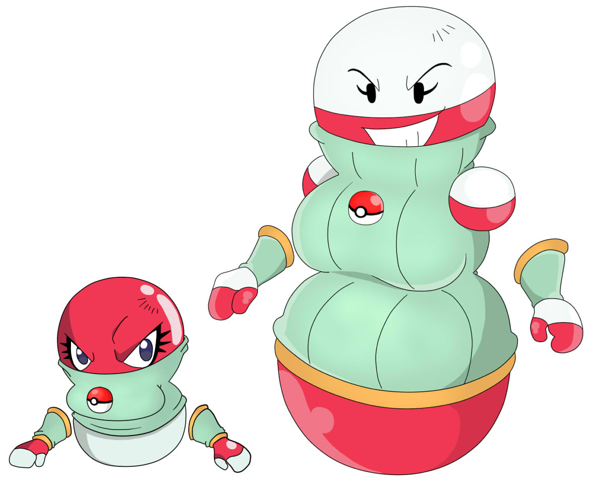 anthro armwear big_breasts black_eyes breasts clothed clothing duo electrode_(pokemon) female floating_hands generation_1_pokemon grey_body legless nintendo pokeball pokemon pokemon_(species) red_body simple_background simple_eyes smile sweater topwear urusee584 voltorb white_background