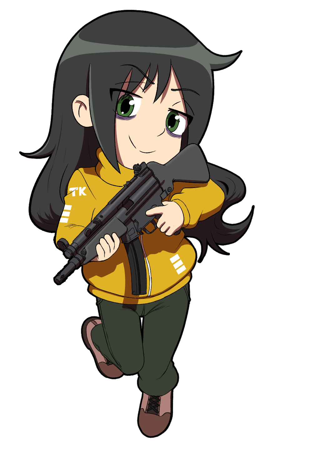 1girl bags_under_eyes black_hair brown_footwear commentary death_by_lolis english_commentary eyes_visible_through_hair full_body green_eyes green_pants gun h&amp;k_mp5 highres holding holding_gun holding_weapon jacket kuroki_tomoko pants shoes smile solo submachine_gun trigger_discipline watashi_ga_motenai_no_wa_dou_kangaetemo_omaera_ga_warui! weapon yellow_jacket