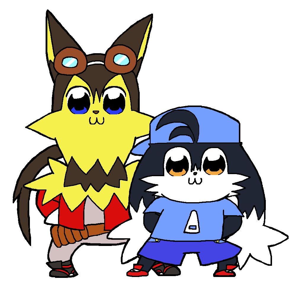 2boys blue_eyes blue_headwear blue_shirt blue_shorts furry furry_male guntz kaze_no_klonoa klonoa looking_at_viewer malahaya multiple_boys poptepipic shirt shorts simple_background white_background yellow_eyes