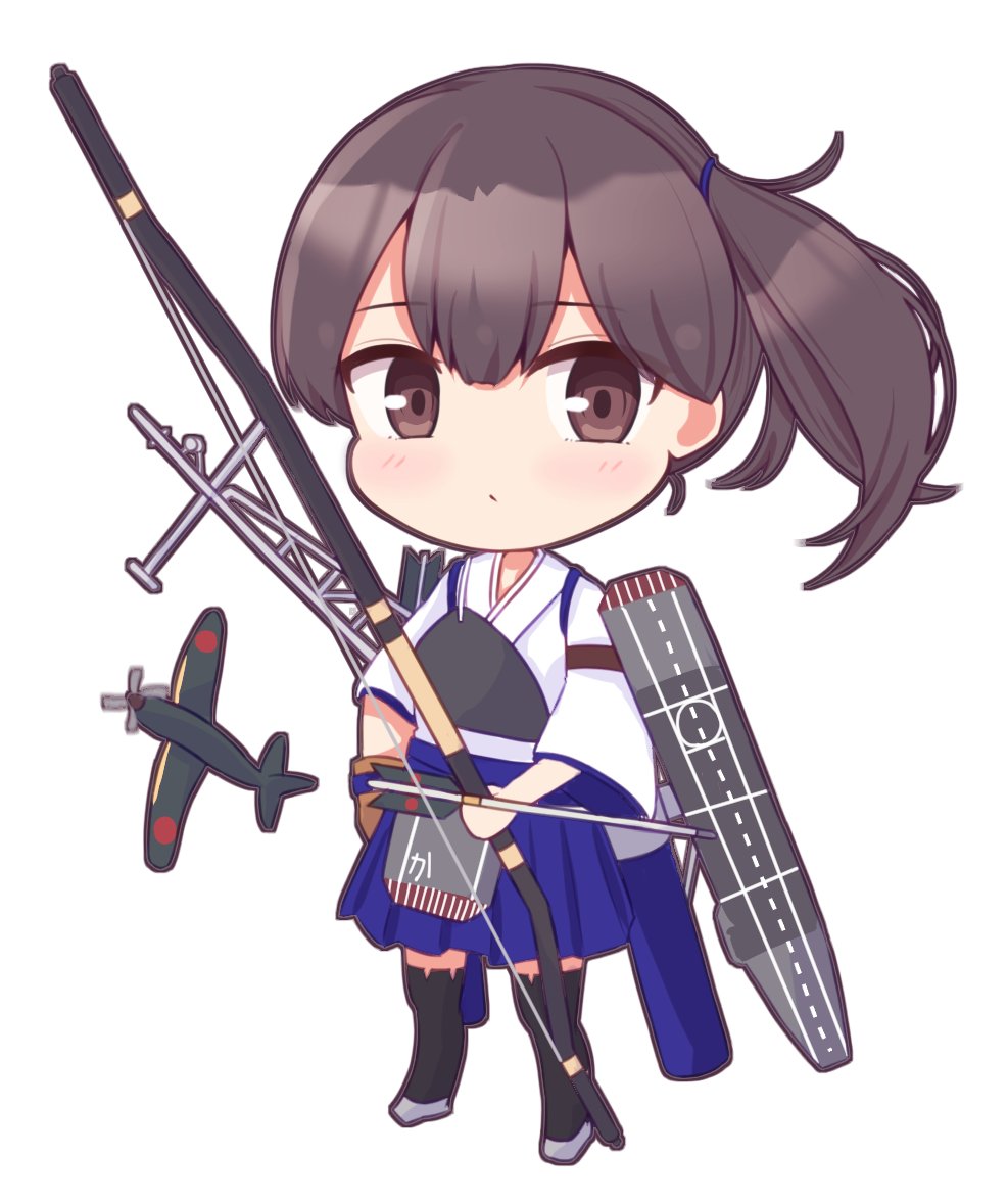 1girl aircraft airplane black_hair black_thighhighs blue_hakama bow_(weapon) brown_eyes brown_gloves chibi flight_deck full_body gloves hakama hakama_short_skirt hakama_skirt japanese_clothes kaga_(kancolle) kantai_collection kominato_haru long_hair looking_at_viewer muneate one-hour_drawing_challenge partially_fingerless_gloves side_ponytail single_glove skirt solo standing tasuki thighhighs weapon yugake