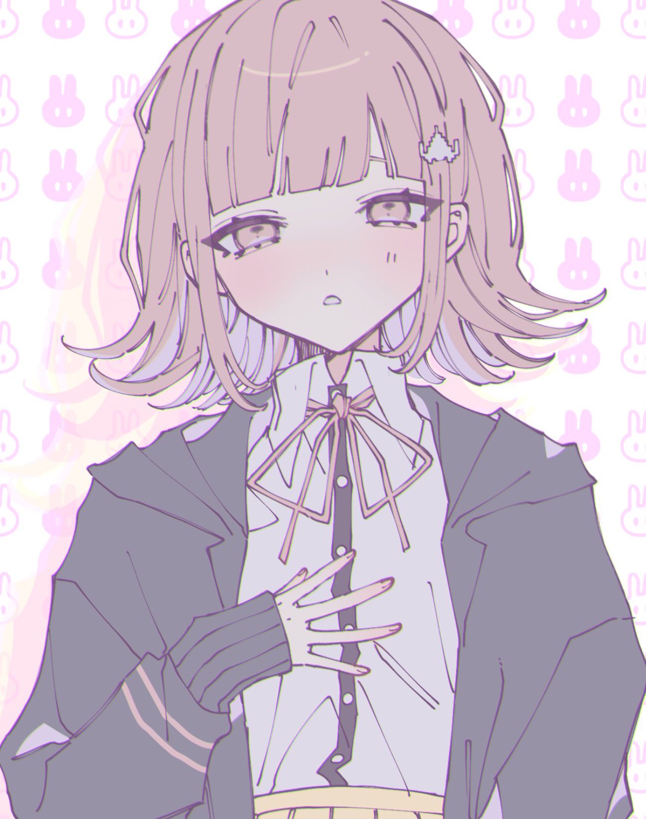 1girl blunt_bangs breasts collared_shirt commentary d: danganronpa_(series) danganronpa_2:_goodbye_despair dress_shirt flipped_hair hair_ornament highres hood jacket long_sleeves looking_at_viewer medium_hair multicolored_background nanami_chiaki neck_ribbon open_mouth pink_eyes pink_ribbon ribbon ru-pe_(gstm_0915) shirt shirt_tucked_in skirt sleeves_past_wrists solo symbol-only_commentary two-tone_shirt white_shirt