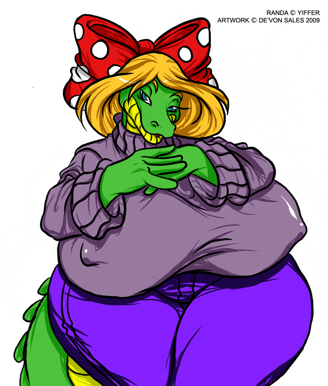 2009 accessory alligator alligatorid anthro big_breasts blue_eyes bottomwear bow_ribbon breasts clothing copyright_symbol crocodilian deonwolf digital_media_(artwork) female green_body green_scales hair_accessory hair_bow hair_ribbon huge_breasts hyper hyper_breasts multicolored_body multicolored_scales nipple_outline non-mammal_breasts pants randa_(badgerben) reptile ribbons scales scalie solo sweater symbol thick_thighs topwear two_tone_body two_tone_scales