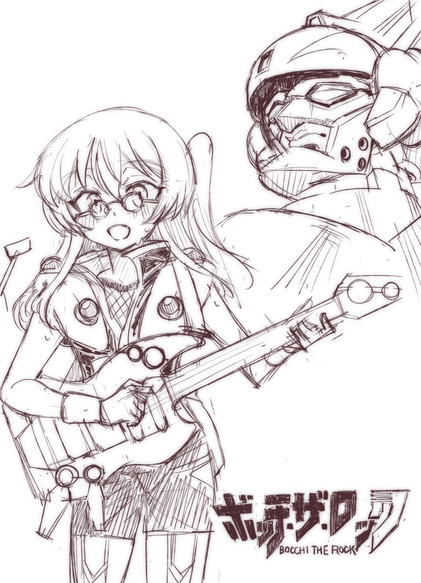 bocchi_the_rock! copyright_name cosplay fire_valkyrie fishnet_top fishnets glasses gotoh_hitori greyscale guitar holding holding_plectrum instrument jacket kin-san_(sasuraiga) logo_parody long_hair macross macross_7 mecha monochrome music nekki_basara nekki_basara_(cosplay) one_side_up playing_instrument plectrum robot round_eyewear shorts sketch variable_fighter wristband