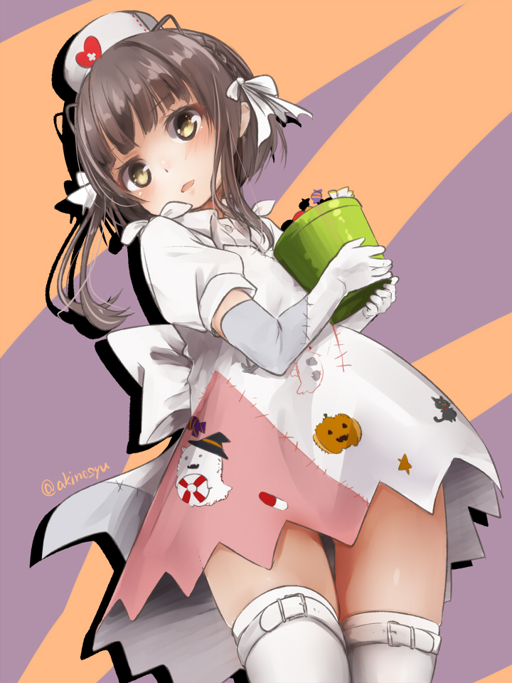 1girl akino_shuu ass_visible_through_thighs blush braid brown_eyes brown_hair bucket commentary_request cowboy_shot dress elbow_gloves gloves halloween halloween_costume hat heart holding holding_bucket kantai_collection long_hair looking_at_viewer nurse_cap official_alternate_costume open_mouth orange_background parted_lips patchwork_clothes puffy_short_sleeves puffy_sleeves purple_background short_hair_with_long_locks short_sleeves sidelocks solo thighhighs twitter_username two-tone_background ukuru_(kancolle) white_dress white_gloves white_headwear white_thighhighs