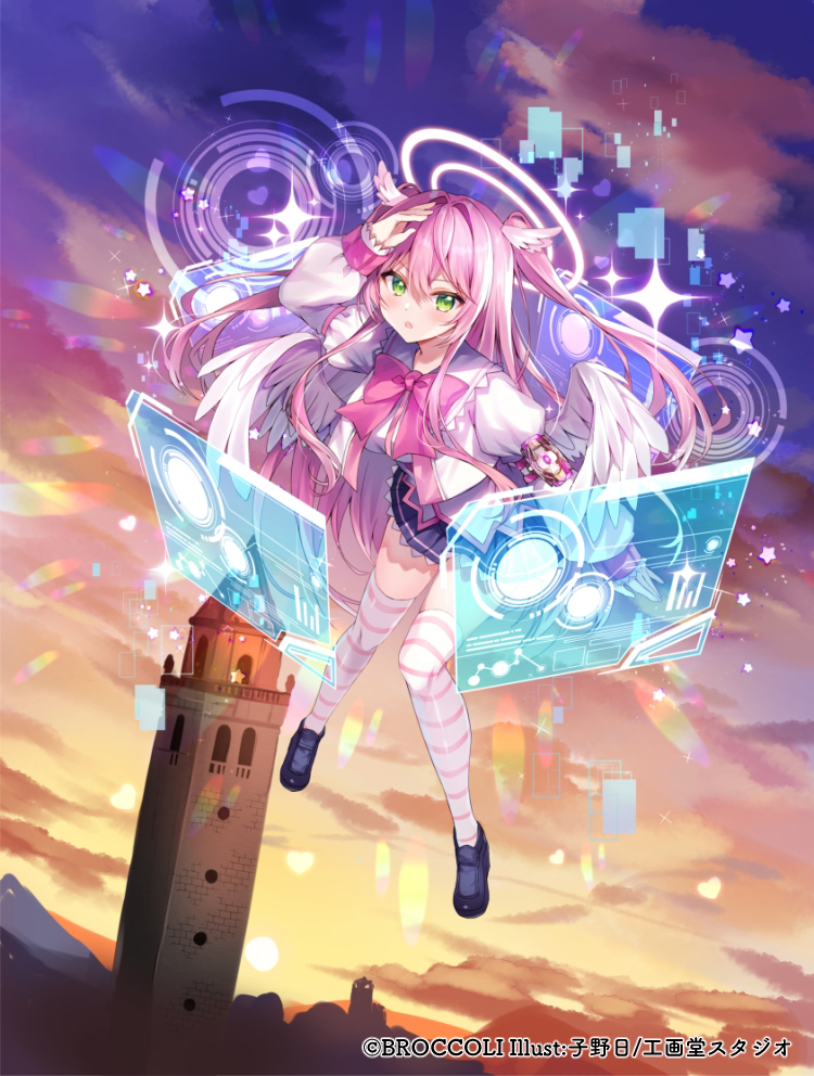 1girl :o arm_up bangs black_footwear black_skirt bow cloud cloudy_sky collared_shirt commentary_request feathered_wings green_eyes hair_between_eyes hair_intakes head_wings heart holographic_interface jacket loafers long_hair long_sleeves looking_at_viewer low_wings nenobi_(nenorium) official_art open_clothes open_jacket outdoors parted_lips pink_bow pink_hair pleated_skirt puffy_long_sleeves puffy_sleeves shirt shoes skirt sky solo striped striped_thighhighs sunset thighhighs tower two_side_up very_long_hair vividz white_jacket white_shirt white_wings wings