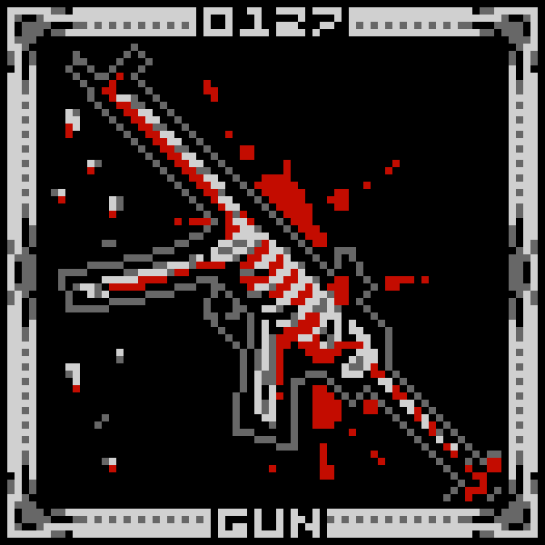 16-bit 1:1 ambiguous_gender animate_inanimate black_background blood blood_splatter bodily_fluids bone border digital_media_(artwork) english_text feral grey_border grey_outline grey_text gun internal living_gun living_ranged_weapon living_weapon lost_tooth mp5k number outline partially_colored pixel_(artwork) ranged_weapon restricted_palette ribs scp-127 scp_foundation simple_background snugboat11 solo submachine_gun teeth text weapon