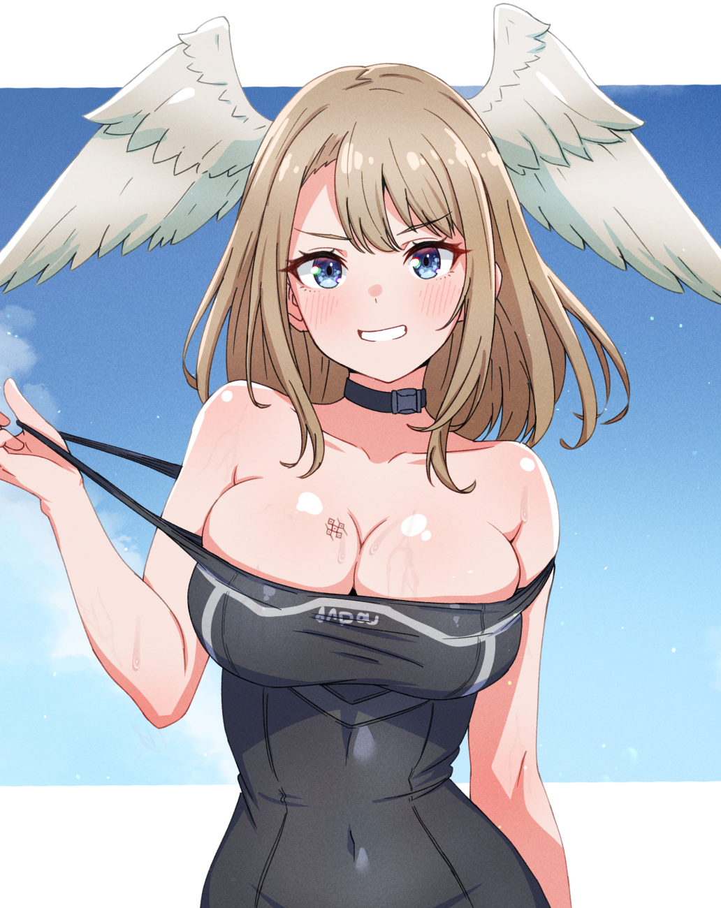1girl :d bare_shoulders black_bodysuit blue_eyes blue_sky blush bodysuit breasts brown_hair cleavage collar collarbone commentary_request covered_navel day eunie_(xenoblade) grin head_wings highres kamidan large_breasts looking_at_viewer medium_hair outside_border parted_lips partial_commentary pulled_by_self sky smile solo strap_pull upper_body v-shaped_eyebrows wings xenoblade_chronicles_(series) xenoblade_chronicles_3