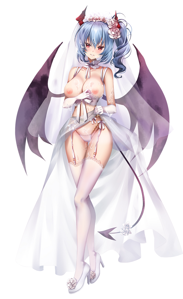 big_breasts blue_hair blush bodily_fluids breasts clothed clothing cum cum_in_hair cum_on_arm cum_on_belly cum_on_body cum_on_breasts cum_on_crotch cum_on_face demon demon_humanoid digital_media_(artwork) dress female flower footwear genital_fluids hair hi_res high_heels horn horned_humanoid humanoid light_body light_skin not_furry panties plant ponytail red_eyes sakuranbo skimpy solo spade_tail tail taimanin_(series) translucent translucent_clothing underwear vampire viola_(taimanin) wedding_dress