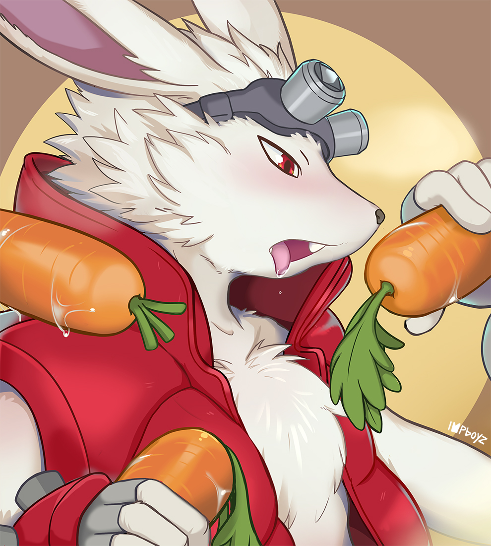 anthro bare_chest blush carrot clothing eyewear fluffy_chest food food_fetish fur goggles impboyz king_kazma lagomorph leporid long_ears male mammal plant rabbit red_clothing red_eyes solo suggestive suggestive_food summer_wars topwear vegetable vest white_body white_fur