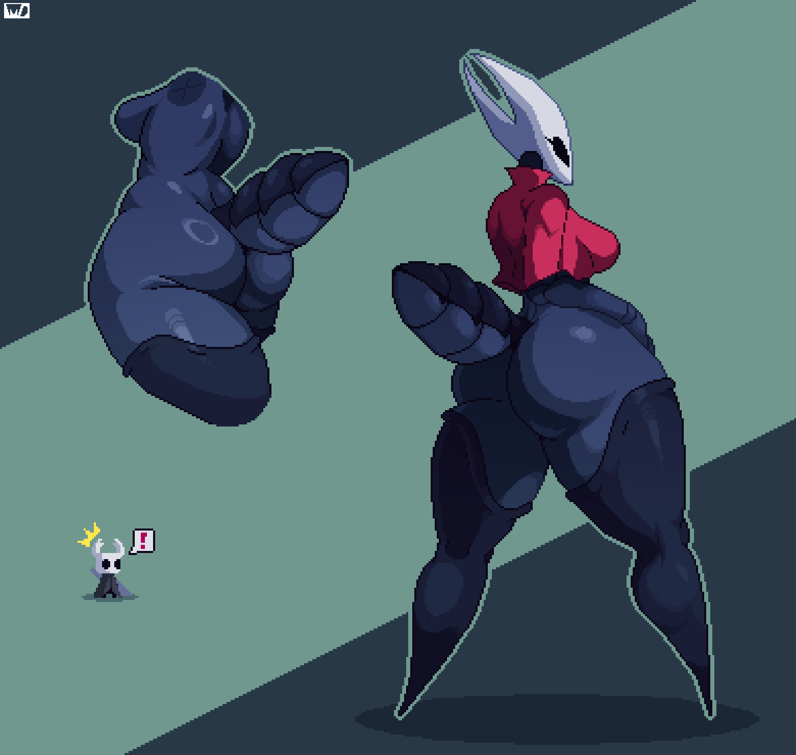 anthro arthropod arthropod_abdomen averag3artist big_butt black_eyes blue_body bottom_heavy bottomless breasts butt cloak clothed clothing duo exclamation_point eyelashes featureless_feet female green_background hi_res hollow_knight hornet_(hollow_knight) huge_butt insect rear_view red_cloak simple_background speech_bubble team_cherry the_knight_(hollow_knight) thick_thighs white_body wide_hips