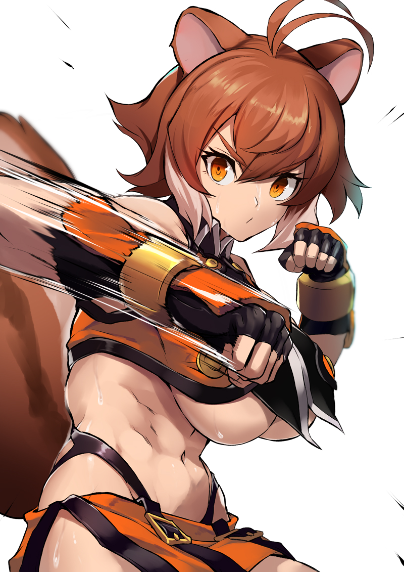 1girl abs animal_ears bare_shoulders blazblue breasts brown_hair crop_top fingerless_gloves gloves looking_at_viewer makoto_nanaya punching solo sowel_(sk3) squirrel_ears squirrel_girl squirrel_tail tail upper_body white_background