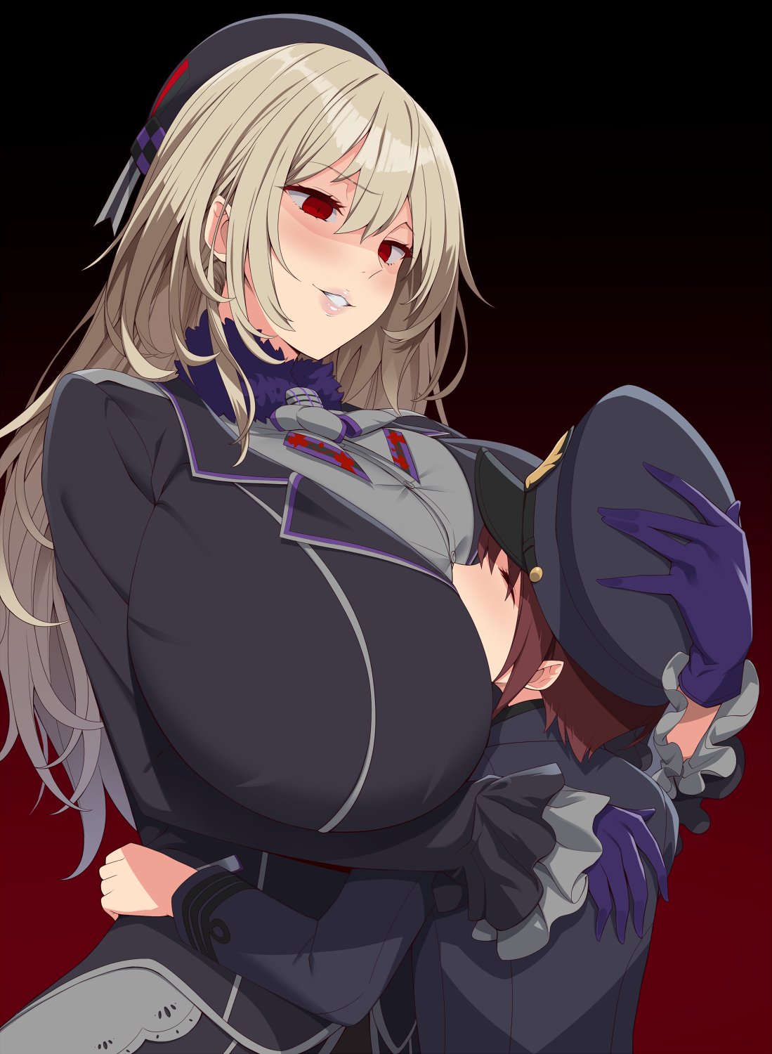 1boy 1girl admiral_(kancolle) age_difference atago_(kancolle) black_headwear blonde_hair blue_gloves breast_smother breasts brown_hair chevron_(symbol) closed_eyes dark_persona face_to_breasts frilled_sleeves frills fur_trim gloves gradient_background grey_shirt hair_between_eyes hand_on_another's_head hand_on_another's_hip hat height_difference hetero highres hug huge_breasts kantai_collection kloah little_boy_admiral_(kancolle) long_hair military military_hat military_uniform naval_uniform onee-shota red_eyes shirt uniform