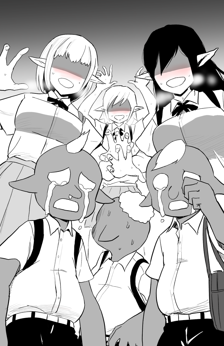 3boys 3girls assertive_female backpack bag blush bow bowtie breasts buttons collared_shirt commentary cowboy_shot crying crying_with_eyes_open elf english_commentary goblin greyscale heavy_breathing height_difference highres large_breasts long_hair looking_at_another mohawk monochrome multiple_boys multiple_girls mushi_gyouza nose_blush open_mouth original pointy_ears shaded_face shirt short_sleeves smile sweat tears you_gonna_get_raped