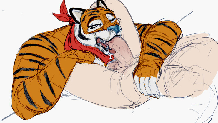 anthro balls bodily_fluids cum cum_from_nose cum_in_nose cum_inside cum_taste custapple duo felid fellatio frosted_flakes genital_fluids genitals human interspecies kellogg's male male/male mammal mascot muscular oral pantherine penile sex tiger tongue tony_the_tiger