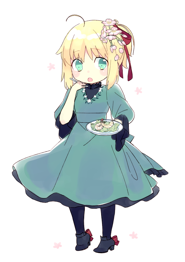 1girl 87banana ahoge artoria_pendragon_(fate) black_footwear blonde_hair cherry_blossoms dress fate/stay_night fate_(series) flower food green_dress green_eyes hair_flower hair_ornament hair_ribbon holding holding_plate plate red_ribbon ribbon saber shrimp solo