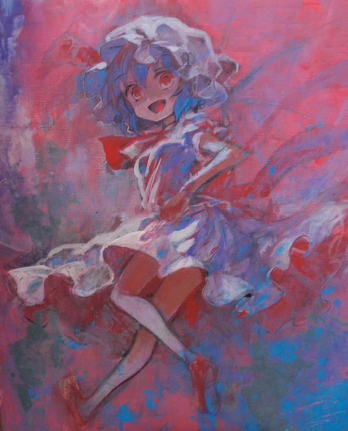 1girl ama-tou blue_hair breasts dress from_behind full_body hair_between_eyes happy hat looking_at_viewer looking_back medium_breasts mob_cap open_mouth puffy_short_sleeves puffy_sleeves red_background red_eyes red_footwear remilia_scarlet shoe_soles short_sleeves simple_background solo touhou