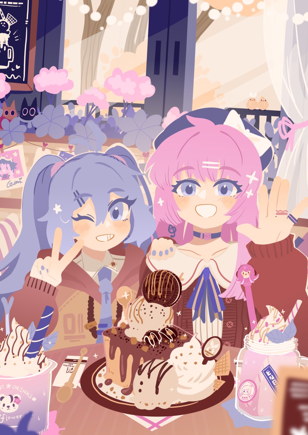 2girls autumn_leaves belt_buckle belt_collar bird blue_bow blue_bowtie blue_choker blue_eyes blue_hair blue_headwear blue_nails blue_necktie bow bowtie brown_hoodie brown_jacket buckle buttons cafe cake chick chocolate_syrup choker collar collarbone collared_shirt colored_eyelashes commentary curtains drinking_straw flower food hair_ornament hairclip hand_on_another's_shoulder hand_up hat hat_bow hatsune_miku highres hood hood_down hoodie ice_cream indoors jacket jewelry light_blush long_hair long_sleeves looking_at_viewer megurine_luka menu multiple_girls multiple_rings nail_polish napkin necktie one_eye_closed open_clothes open_jacket open_mouth photo_(object) pink_flower pink_ribbon projecttiger puffy_long_sleeves puffy_sleeves ribbon ring shirt single_sidelock single_stripe sleeves_past_wrists smile sparkle spoon star_(symbol) straight_hair striped striped_bow striped_bowtie striped_shirt sweater_jacket symbol-only_commentary table teeth tree twintails upper_body v vertical-striped_shirt vertical_stripes vocaloid waving white_bow white_shirt window