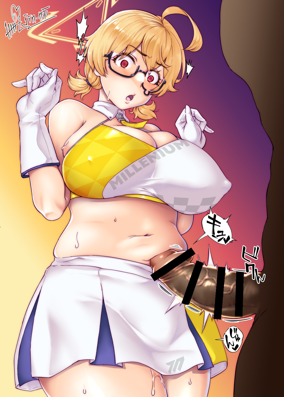 1girl @_@ ahoge artist_name bar_censor belly_poke big_belly black-framed_eyewear blonde_hair blue_archive blue_skirt blush breasts censored commentary_request covered_nipples cowboy_shot glasses gloves gradient_background hair_over_eyes halo highres jin_nai kotori_(blue_archive) kotori_(cheer_squad)_(blue_archive) large_breasts millennium_cheerleader_outfit_(blue_archive) miniskirt navel open_mouth orange_background out_of_frame penis penis_on_stomach pleated_skirt plump purple_background red_eyes sanpaku semi-rimless_eyewear short_twintails skirt solo_focus speech_bubble sweat teardrop-framed_glasses thick_thighs thighs translation_request triangle_halo twintails under-rim_eyewear veins veiny_penis white_gloves white_skirt wing_collar yellow_background yellow_halo yellow_skirt