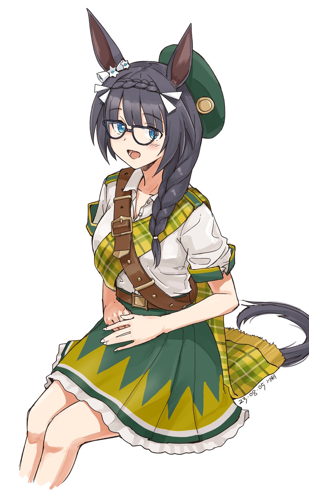 1girl :d adapted_costume animal_ears artist_name belt black-framed_eyewear black_hair blue_eyes braid breasts brown_belt crown_braid dated feet_out_of_frame glasses green_skirt hair_over_shoulder highres horse_ears horse_girl kawashina_(momen_silicon) large_breasts long_hair looking_at_viewer shirt short_sleeves side_braid simple_background sitting skirt smile solo umamusume white_background white_shirt zenno_rob_roy_(umamusume)