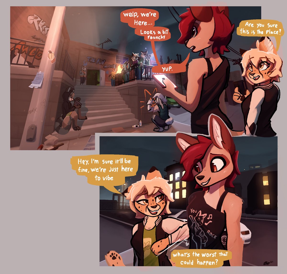anthro aurora_(spacecamper) building canid canine canis car cellphone cheetah clothed clothing comic detailed_background dialogue dragon duo elbowing enginetrap felid feline female fully_clothed fur hair inner_ear_fluff jackal jacket lagomorph leporid mammal night outside party phone procyonid rabbit raccoon red_hair rhinoceros scalie shirt sitting smartphone speech_bubble stairs syl_(enginetrap) tan_body tan_fur topwear tuft vehicle white_hair yellow_body yellow_fur