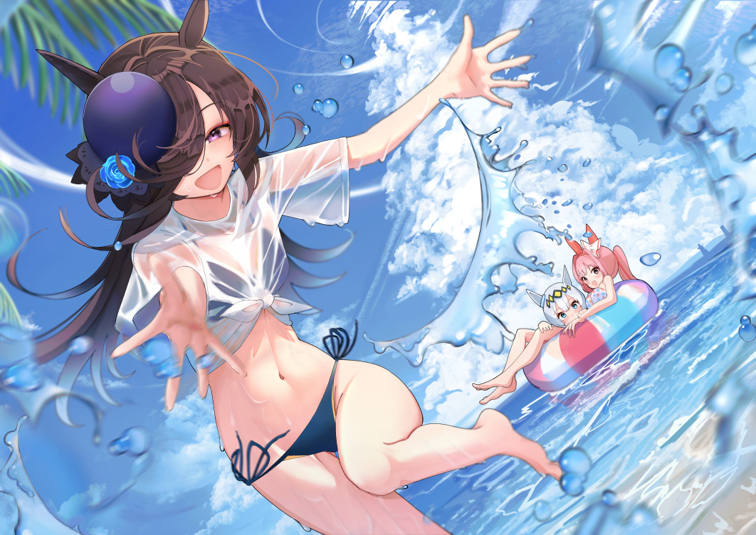 3girls animal_ears bikini bikini_under_clothes black_bikini blue_eyes blue_flower blue_headwear blue_rose breasts brown_hair ear_bow flower grey_hair groin hair_over_one_eye halterneck haru_urara_(umamusume) hat hat_flower horse_ears horse_girl innertube long_hair looking_at_viewer multiple_girls navel oguri_cap_(umamusume) open_mouth pink_eyes pink_hair purple_eyes rice_shower_(umamusume) rose see-through see-through_shirt shirt short_sleeves side-tie_bikini_bottom small_breasts smile stomach string_bikini swimsuit t-shirt tied_shirt tilted_headwear umamusume water wet wet_clothes wet_shirt yomean!