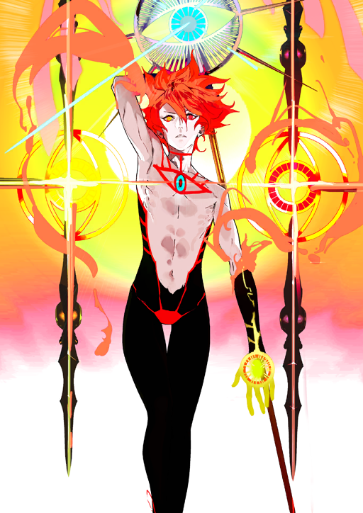 1boy fate/grand_order fate_(series) holding holding_weapon karna_(fate) lance looking_at_viewer official_alternate_costume official_art pako_(pakosun) polearm red_eyes red_hair weapon yellow_background