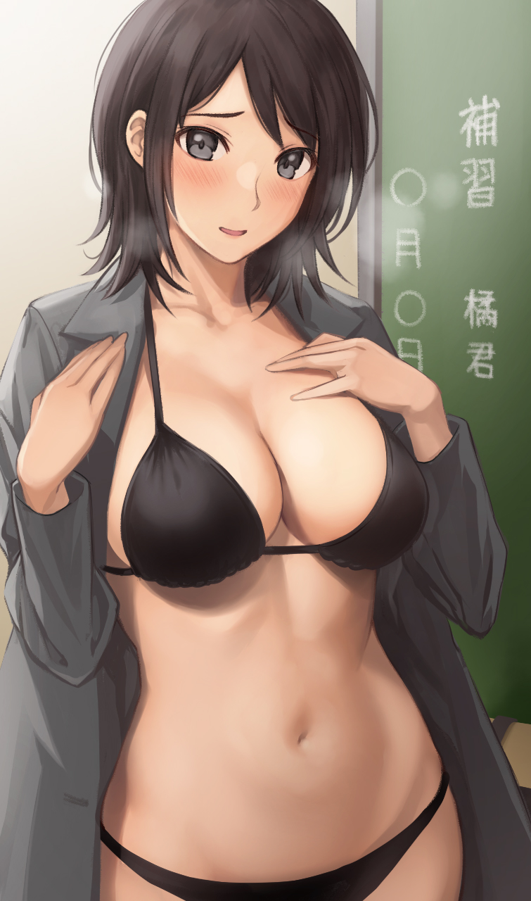 1girl amagami bikini black_bikini black_hair breasts brown_eyes chalkboard cleavage commentary_request grey_jacket highres jacket large_breasts looking_at_viewer navel open_clothes open_jacket serizawa_(serizawaroom) short_hair solo swimsuit takahashi_maya translation_request