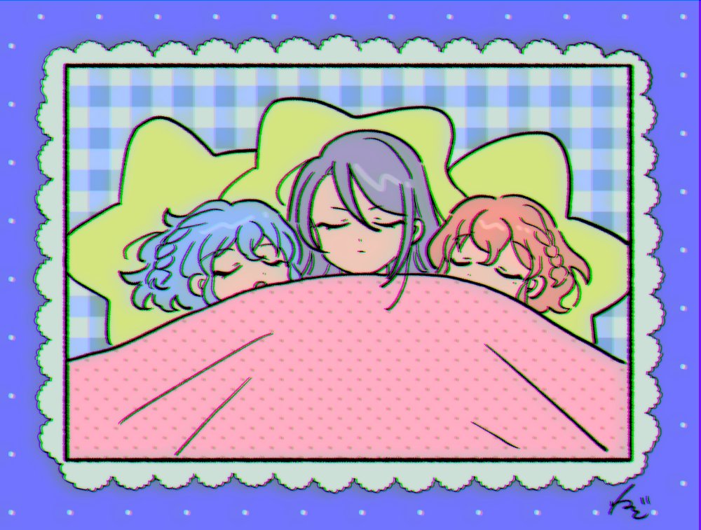 1boy 2girls blanket blue_background blue_hair braid brother_and_sister closed_eyes closed_mouth commentary dorothy_west facing_viewer hair_between_eyes head_on_pillow leona_west long_hair lying multiple_girls open_mouth pastel_colors pillow pink_hair pretty_(series) pripara purple_hair rituyama1 short_hair siblings side_braid signature sleeping symbol-only_commentary toudou_shion twins under_covers