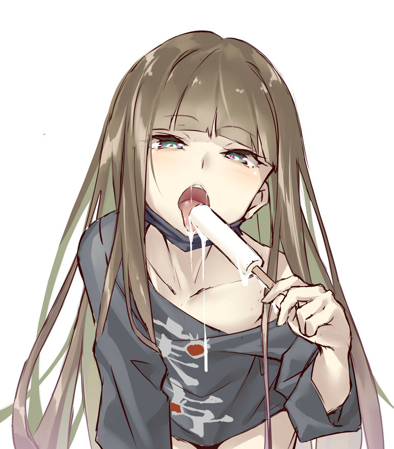 1boy bad_id bad_pixiv_id black_shirt brown_hair collarbone food green_eyes gretel_(sinoalice) happy_turn2 holding holding_food leaning_forward licking long_hair long_sleeves male_focus mask mouth_mask open_mouth otoko_no_ko popsicle sexually_suggestive shirt simple_background sinoalice solo tongue tongue_out white_background