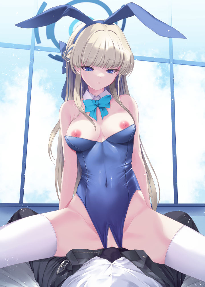 1boy 1girl animal_ears aqua_bow aqua_bowtie bare_shoulders blonde_hair blue_archive blue_bow blue_bowtie blue_eyes blue_hairband blue_leotard blush bow bowtie breasts breasts_out censored cleavage clothed_sex covered_navel cowgirl_position crotch_zipper detached_collar fake_animal_ears girl_on_top hairband halo hetero highleg highleg_leotard kirishima_satoshi leotard leotard_pull long_hair looking_at_viewer medium_breasts mosaic_censoring nipples official_alternate_costume parted_lips playboy_bunny pov pussy rabbit_ears sex sitting sitting_on_person solo_focus spread_legs straddling strapless strapless_leotard thighhighs toki_(blue_archive) toki_(bunny)_(blue_archive) vaginal white_thighhighs zipper