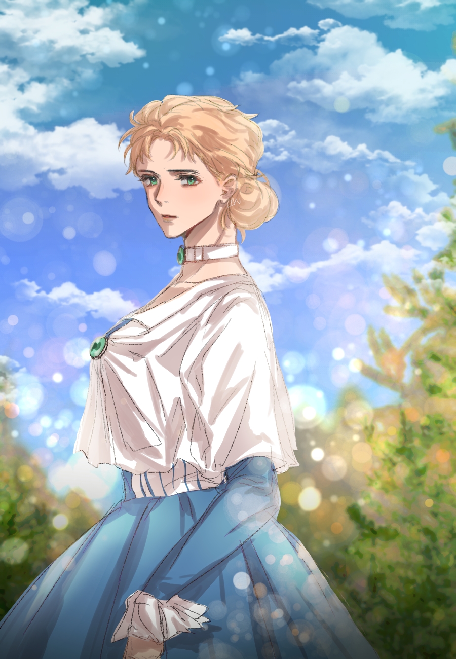 1girl blonde_hair blue_dress breasts capelet choker cloud collarbone day dress erina_pendleton highres jojo_no_kimyou_na_bouken laburnu long_hair long_sleeves looking_at_viewer outdoors parted_lips phantom_blood sky solo