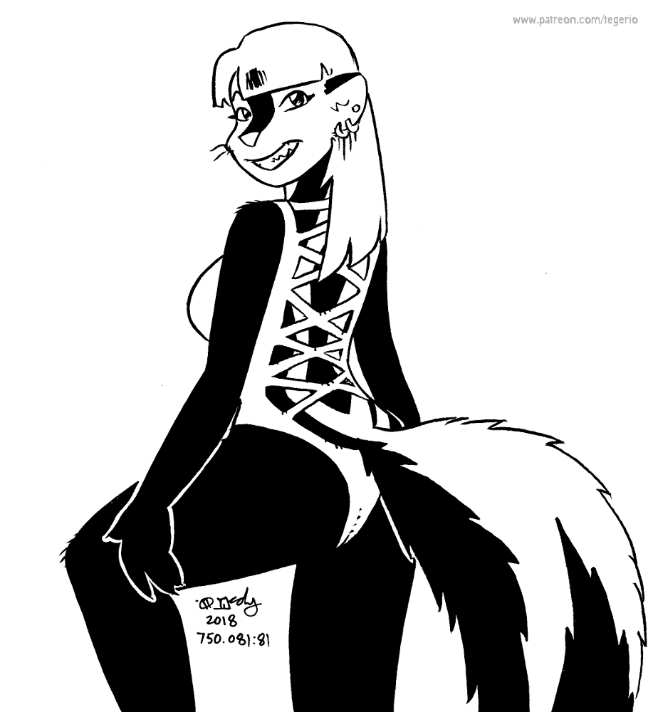 2018 anthro black_and_white breasts clothed clothing ear_piercing ear_ring female fur grin hair kelly_o'dor looking_at_viewer looking_back looking_back_at_viewer mammal mephitid monochrome piercing pinup pose rear_view ring_piercing skunk smile solo striped_skunk swimwear tail teeth tegerio zandar's_saga
