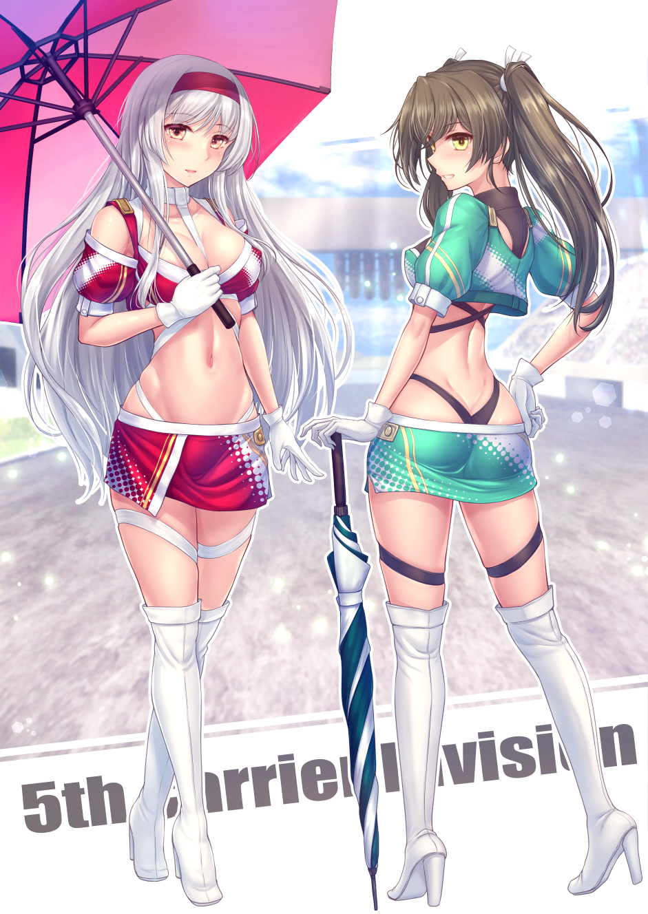 2girls alternate_breast_size ass black_panties boots breasts brown_eyes crop_top cropped_jacket from_behind full_body gloves green_skirt grey_hair hairband highleg highleg_panties highres kantai_collection large_breasts long_hair looking_at_viewer looking_back miniskirt multiple_girls panties race_queen red_hairband red_skirt ryu-akt shoukaku_(kancolle) skirt thigh_boots thighhighs thong umbrella underwear white_gloves white_hair white_panties white_thighhighs zuikaku_(kancolle)